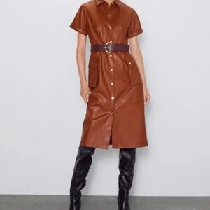 Zara Faux Leather Button Down Big Pockets Belted Brown Dress Short Sleeves Sz XS